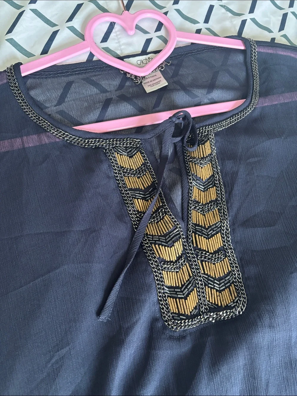Cache Navy blue Sheer Tunic with Gold Embellished V-Neck